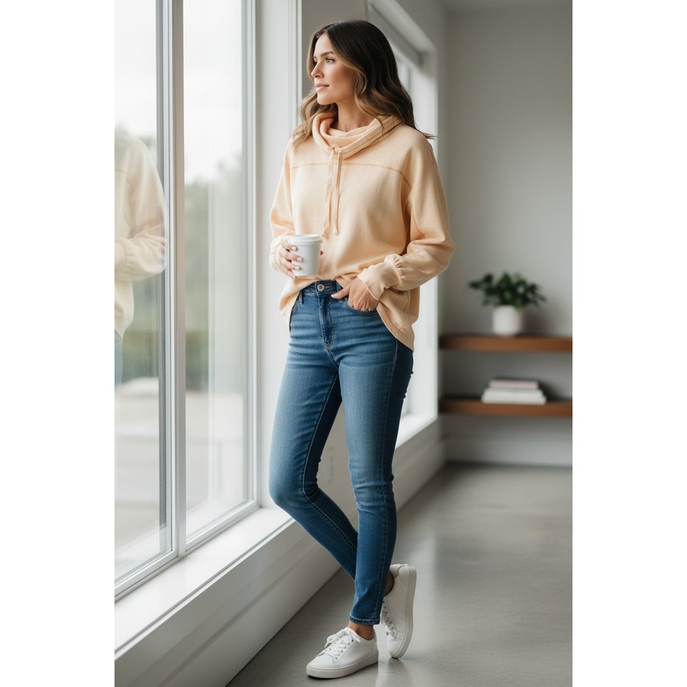 Simple Suzanne Betro Peach Cowl Neck Pullover‎ Thumb Hole Cuffs Oversized